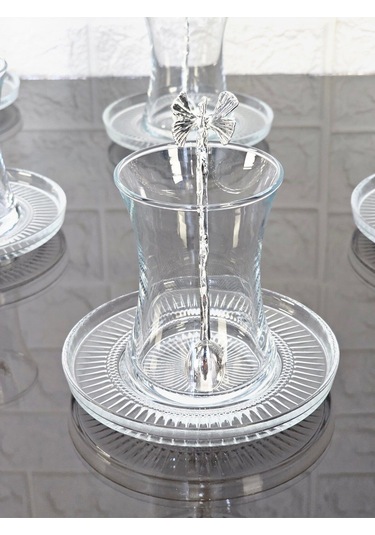 18 Parça Çay Seti Gümüş Kelebek Çay Kaşıklı 6 Bardak 6 Tabak 6 Kaşık Gümüş