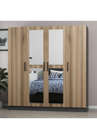 Minar Kale 4 Kapaklı 2 Aynalı 2 Çekmeceli Dolap Antrasit Dore 210cm Çok Renkli