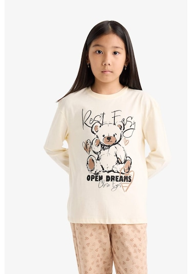 Defacto Kız Çocuk Regular Fit 2li Pijama Takımı Baskılı Uzun Kollu Üst Desenli Uzun Alt F6216a825wner103 Ekru