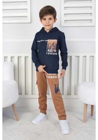 Moving Forward Kargo Cep Kapüşonlu 2 İplik Şardonlu Alt-üst Erkek Çocuk Eşofman Takımı Lacivert
