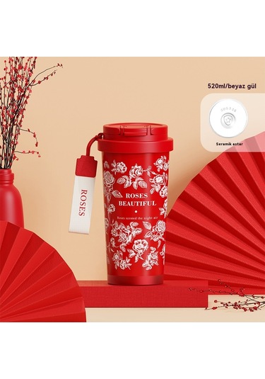 Kahve Fincanı Seramik Astar Hafif Lüks Yüksek Değerli İns Kızlar Taşınabilir 316 Paslanmaz Çelik Araba Termos Bardaklar Toptan 323 Çift İçecek Seramik Gül Beyaz