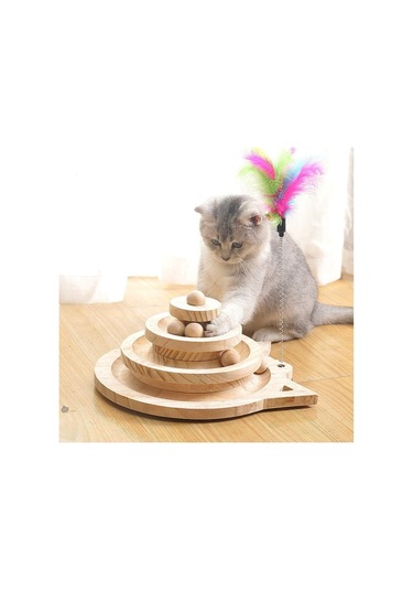 Ahşap Kedi Oyuncağı 3 Katlı Toplu Zeka Oyuncağı & Tüylü Olta Seti