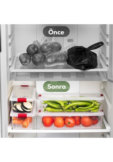 Porsima 456-4 4 Lü 3,4 Lt Kilitli Kapaklı Yiyecek Erzak Saklama Kabı Seti - Buzdolabı Düzenleyici Organizeri Şeffaf