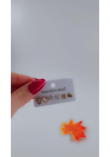 Kadın Kalp Set Çelik Küpe 3lü Set Altın