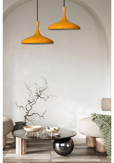 Champion Sarı Ahşap Huni Tekli Avize Sarkıt Salon Mutfak Cafe Butik Lamba Aydınlatma Avizeler SARI