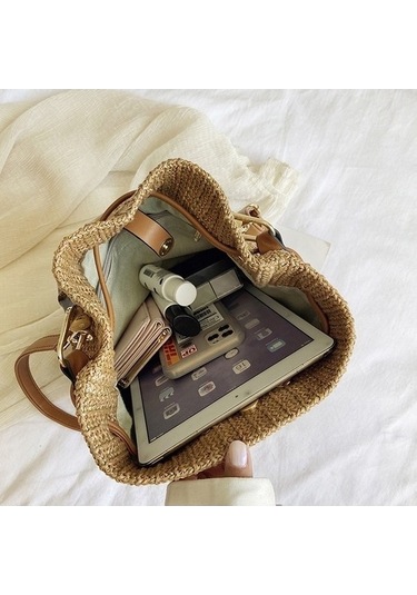 Yihemaoyi Hasır Çanta Omuz Messenger Çanta Bambu Kova Çanta Beyaz İu Beyaz