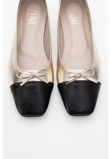 Romy Altın-siyah Cilt Hakiki Deri Küt Burunlu Fiyonklu Kadın Babet Ayakkabı Altın - Siyah