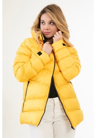 Kadın Sarı Kapüşonlu Içi Polarlı Kürklü Su Geçirmez Rüzgara Dayanıklı Şişme Mont Sarı