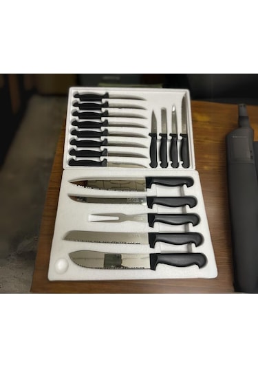 Shogun Japon Malı Tırtıklı Bıçak Seti Keskin Ağızlı Paslanmaz Mutfak Bıçağı Set 17 Parça Günlük Gri - Siyah