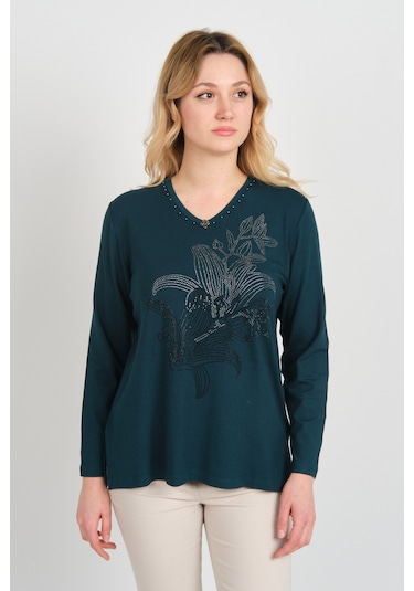 Detay Triko Kadın Önü Taş Süslemeli Yakası Boncuk Detaylı Uzun Kol Anne Bluz 5747 Zümrüt Zümrüt