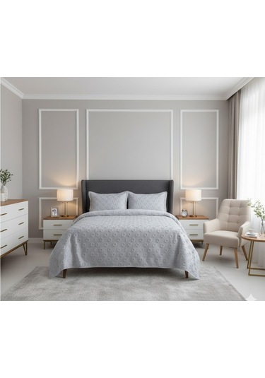 Jakarlı Sakallı Yatak Örtüsü Tek Kişilik Damla Gri Diğer