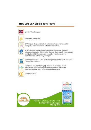 New Life Efa Liquid Tutti Frutti Balık Yağı Şurubu 150 Ml 2 Adet