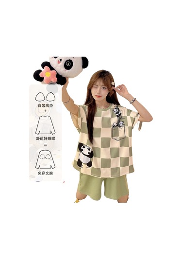 Snapbuy Göğüs Yastığı İle Şişme Önleyici Pijama Kadın Yaz Gülen Kore Kısa Kollu Şort Sevimli Öğrenci İnce Ev Giyim Seti 6005 Yeşil Panda Göğüs Yastığı İle