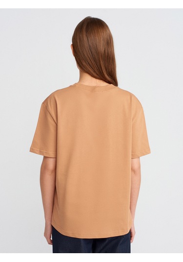 Dilvin 30312 Dekoratif Dikişli Bisiklet Yaka Tshirt-karamel Karamel