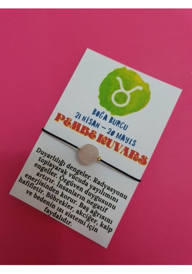 Gümüştel El Sanatları Sertifikalı Boğa Burcu Pembe Kuvars Doğal Taş Ip Burç Bilekliği Çok Renkli