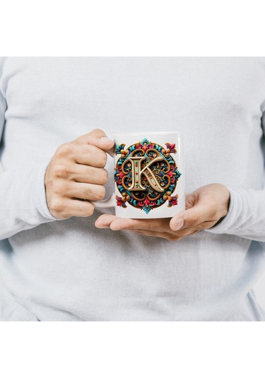 K Harfi Boho Bardak, Renkli Özel Tasarım Hediyelik Harfli Kupa, 330ml Porselen Beyaz