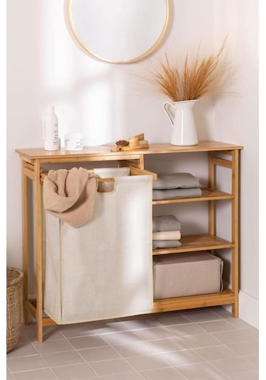 Digithome Bambu 3 Raflı 1 Bölmeli Kirli Sepetli Banyo Düzenleyici Çamaşır Sepeti Organizer Db-0008 Ahşap