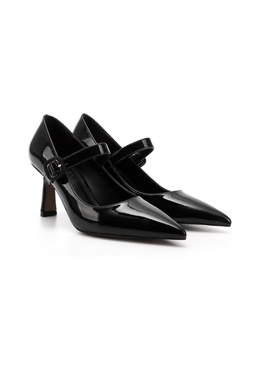 Gönderi R Siyah Rugan Sivri Burun Kadeh Ökçe Mary Jane Ayakkabı Siyah Rugan