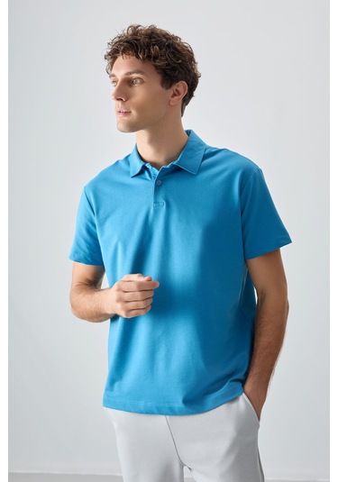 Tommy Life Petrol Mavi Pamuklu Kalın Yumuşak Dokulu Polo Yaka Oversize Fit Basic Erkek T- Shirt - 88381 Petrol Mavi