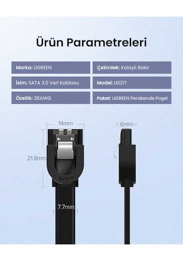Ugreen 90 Derece Sata 3.0 Disk Kablosu 50 Cm, 30797