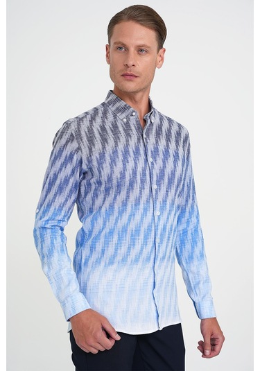 Comfort Fit Pano Desen Düğme Yaka %100 Keten Mavi Gömlek G 1594 Mavi