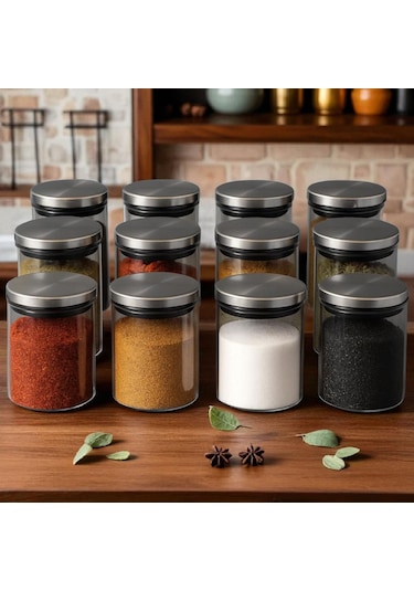 300 Ml 70 Mm X 100 Mm 12 Lı Borosilikat Cam Baharatlık Seti-sızdırmaz Sılıkonlu Metal Kapak Beyaz