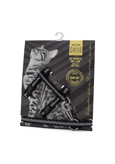 Doggie Desenli Kedi Göğüs & Gezdirme Takımı Siyah 1x25-40 CM