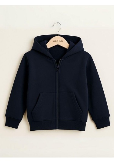 Çocuk Fermuarlı İnce Mevsimlik Basic Kapüşonlu Okul Hırkası-16092 Lacivert