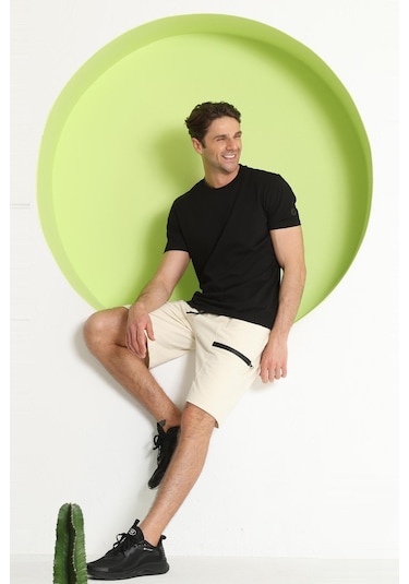 Erkek Fermuar Detaylı Şort Ekru