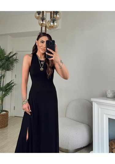 Kadın Arkadan Çapraz Detay Yuvarlak Yaka Maksi Viskon Elbise Siyah