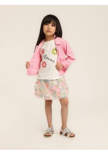 Escabel Kız Bebek Pamuklu Çiçek Nakışlı Tshirt-15602 Beyaz