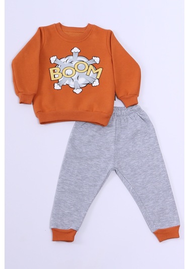 Erkek Bebek 3 İplik Eşofman Takımı Boom Baskılı A33 kahverengi