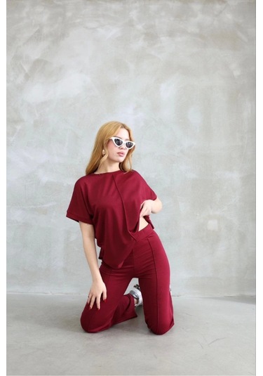Ge Ticaret Osy Modal Yumuşak Dokulu Kumaş Bisiklet Yaka Kısa Kollu Takım - Bordo Bordo