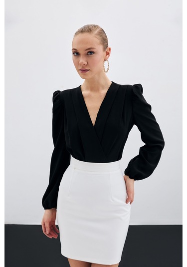 Sateen Kruvaze Vatkalı Bodysuit - Siyah