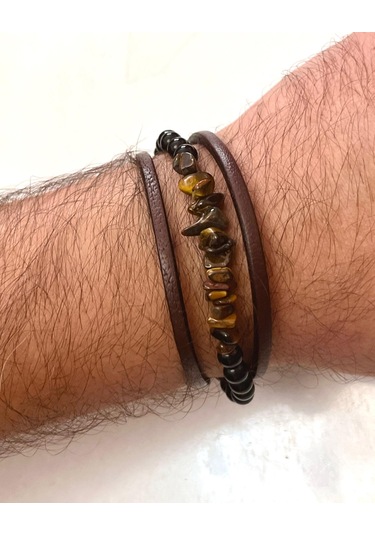 Kaplan Gözü,oniks Hakiki Deri İle Türk Yapımı Erkek Bileklik 21cm