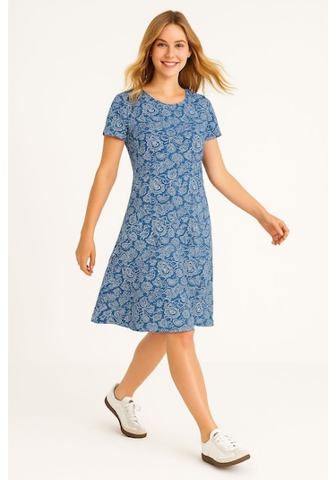 Dökümlü Rahat Kalıp Günlük Penye Kumaş Elbise İndigo-mavi