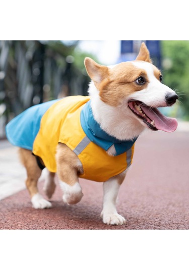 Vkemall Köpekler İçin Dışarıda Kullanıma Uygun Su Geçirmez Yağmurluk, Yansıtıcı Çizgili, Ayarlanabilir Fitli Outdoor Mont Mavi-sarı, Xs