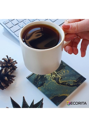 Decorita Cam Bardak Altlığı 4'lü Takım Kahverengi Simli 10 CM x 10 CM Kahverengi