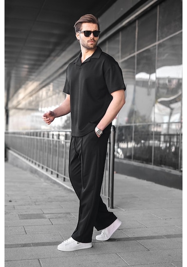 Madmext Siyah Polo Yaka Erkek Alt Üst Takım E7356 Siyah