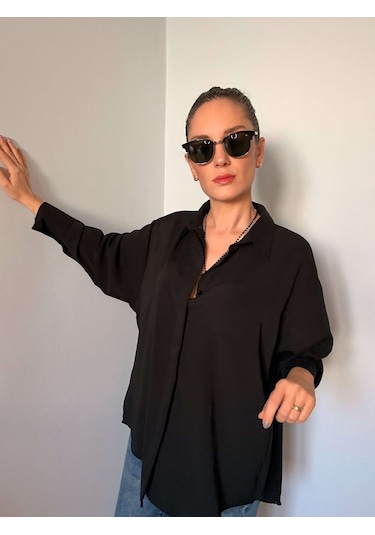 Ali Butik Siyah Gizli Düğmeli Oversize Saten Gömlek Siyah