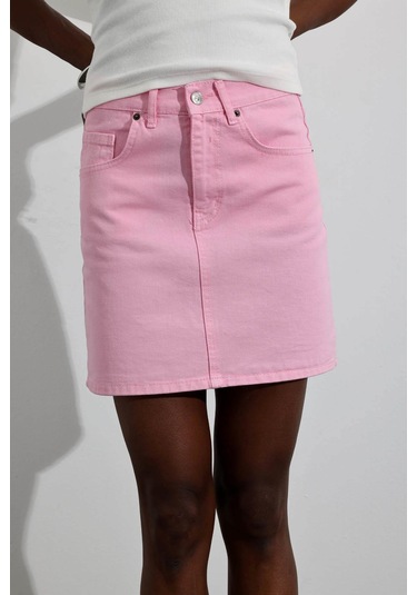 Pembe Mini Denim Etek Pembe