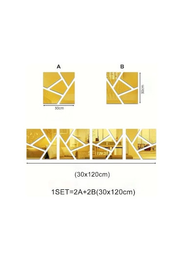 Geometrik Desenli Pleksi Ayna 30x30cm 4 Adet - Gold Gold
