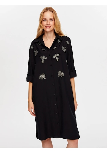 Faik Sönmez Boncuk İşi Nakışlı Uzun Kollu Kadın Gömlek Elbise Uw26elb014 Siyah