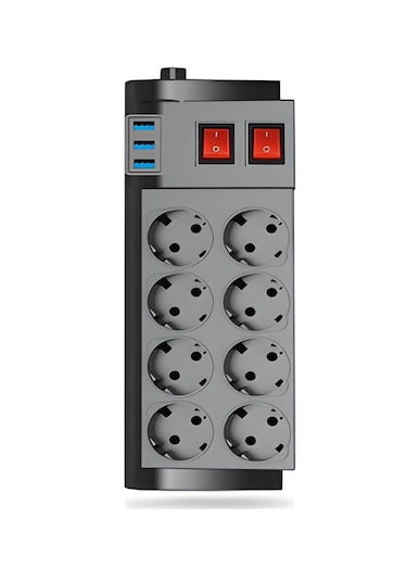 Ftr-08 4000w 16a Akım Korumalı 2 Anahtarlı 8'li Priz, 3 Usb Portl