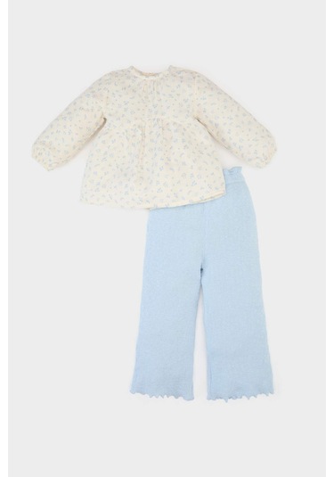 DeFacto Kız Bebek 2'li Takım Çiçekli Müslin Uzun Kollu Bluz Beli Lastikli Geniş Bol Paça Pantolon E5708A525SPER98 Ekru