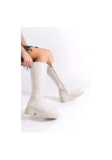 Mıra Bağcıksız Fermuarlı Ortopedik Taban Kadın Çizme Kt - Krem Krem
