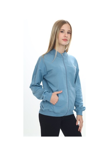 Toontoy Kız Çocuk Dik Yaka Fermuarlı Cepli Nakış Baskılı Örme Hırka - 2 İplik Mavi