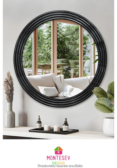 Zümrüt Ahşap Siyah Yuvarlak Ayna Işlemeli Duvar Banyo Aynası 56cm