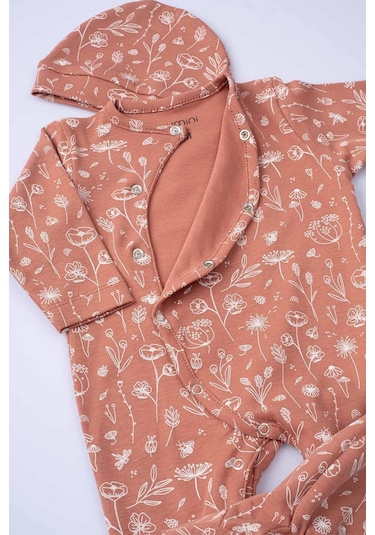 Boumini Bebek Patikli Tulum Şapka Set Bahar Çiçekli Kiremit-kiremit Kiremit