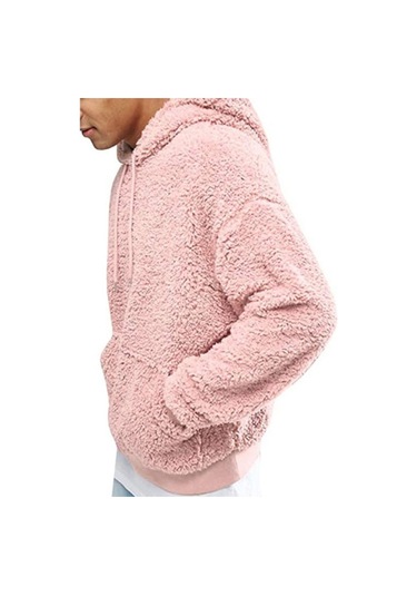 Erkekler Kalın Polar Peluş Sıcak Hoodie Kazak Kış Peluş Kürk Kapşonlu Tişörtü Siyah